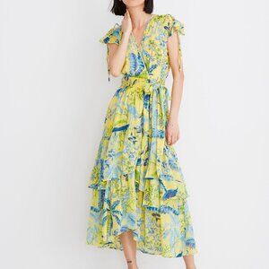 Banjanan Mercy Midi Dress Wrap Tropical Floral Bird Yellow Size Small S $370 EUC